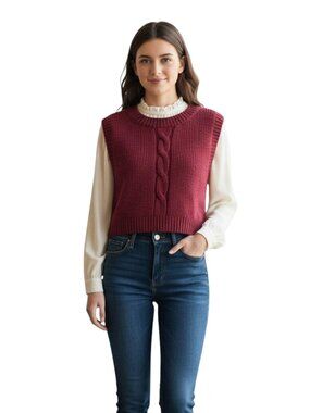 Vintage 80s Genesis Marled Burgundy Cable Knit Sweater Vest Made in Hong Kong S